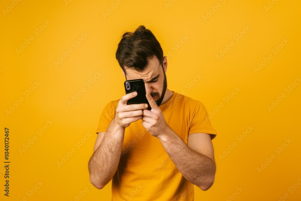 A young man expresses sadness and frustration after reading negative comments on his phone against a bright yellow background A young man expresses sadness and frustration after reading negative comments on his phone against a bright yellow background