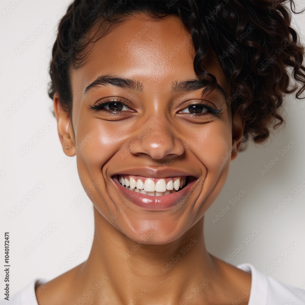 A smiling young African-American woman gazes at the camera on a plain white backdrop A smiling young African-American woman gazes at the camera on a plain white backdrop