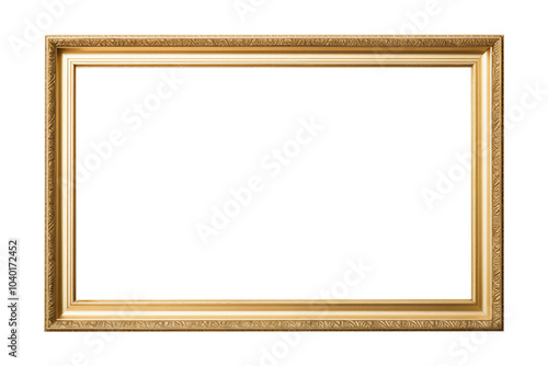 Gold gilt landscape picture frame with an empty blank canvas for use as a border or home décor, png file cut out and isolated on a transparent background, stock illustration image