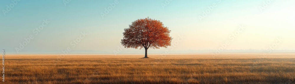 A single tree standing alone in a field, with a clear sky as the backdrop A single tree standing alone in a field, with a clear sky as the backdrop