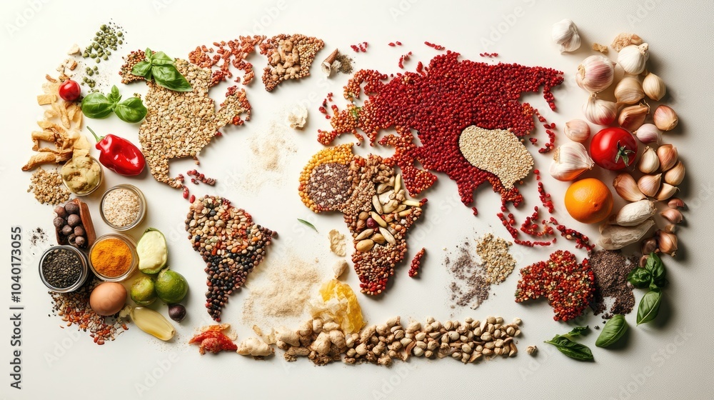 Creative culinary map of the world made from food ingredients, representing the richness of global flavors, isolated on white Creative culinary map of the world made from food ingredients, representing the richness of global flavors, isolated on white