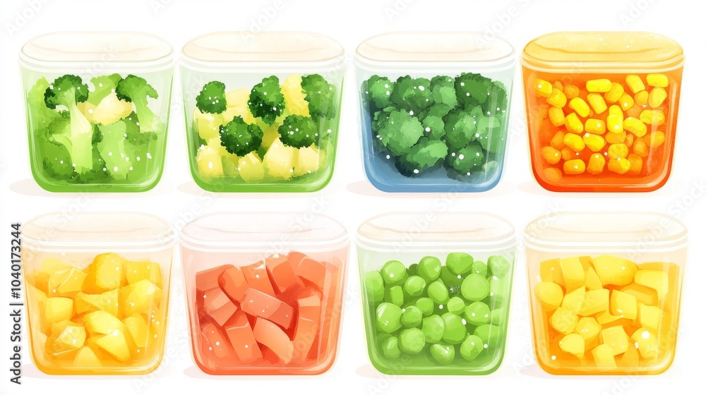 a set of containers with vegetables, sliced and peeled, ready for cooking, peas, broccoli corn, potatoes a set of containers with vegetables, sliced and peeled, ready for cooking, peas, broccoli corn, potatoes