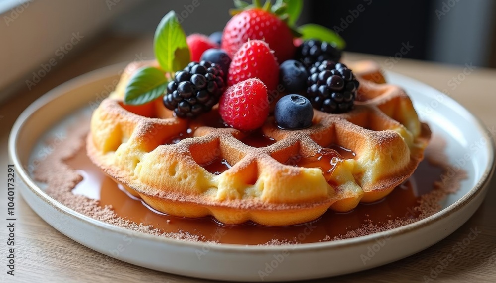 Deliciously sweet waffle dessert with fresh berries and syrup Deliciously sweet waffle dessert with fresh berries and syrup