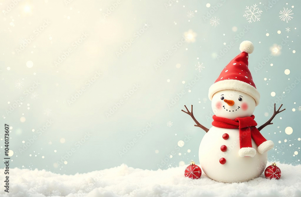 Happy snowman in a red scarf and hat stands in the snow with Christmas ornaments, snowflakes, and soft light Happy snowman in a red scarf and hat stands in the snow with Christmas ornaments, snowflakes, and soft light