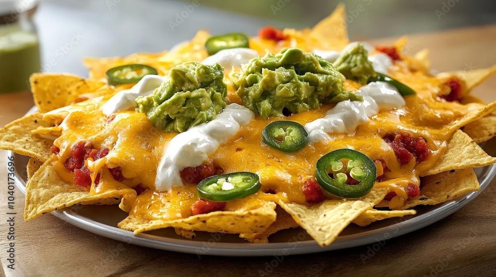 A plate of nachos topped with cheese, guacamole, sour cream, and jalapenos. A plate of nachos topped with cheese, guacamole, sour cream, and jalapenos.