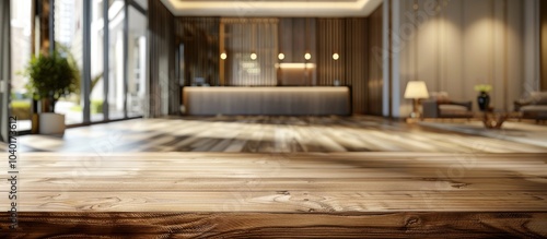 An ideal spot for showcasing ads and presentations is on the wooden table with a contemporary hotel lobby as a soft focus background offering a perfect copy space image