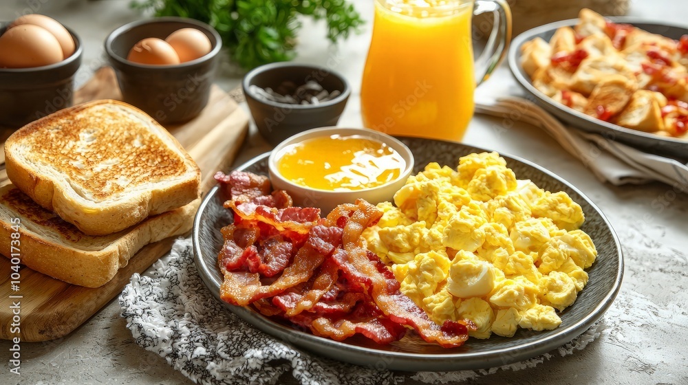 A plate of scrambled eggs and crispy bacon, with toast, orange juice, and jam on a white table. A plate of scrambled eggs and crispy bacon, with toast, orange juice, and jam on a white table.