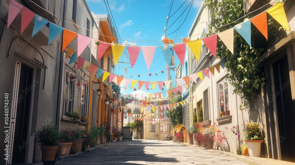 Fototapeta premium Neighborhood block party with colorful bunting and banners, with copy space