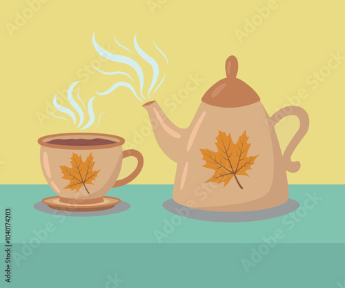 Vector illustration of a teapot and a cup on the table. The ceremony of tea drinking on herbs. A kettle for making healthy hot drinks. Autumn illustration.