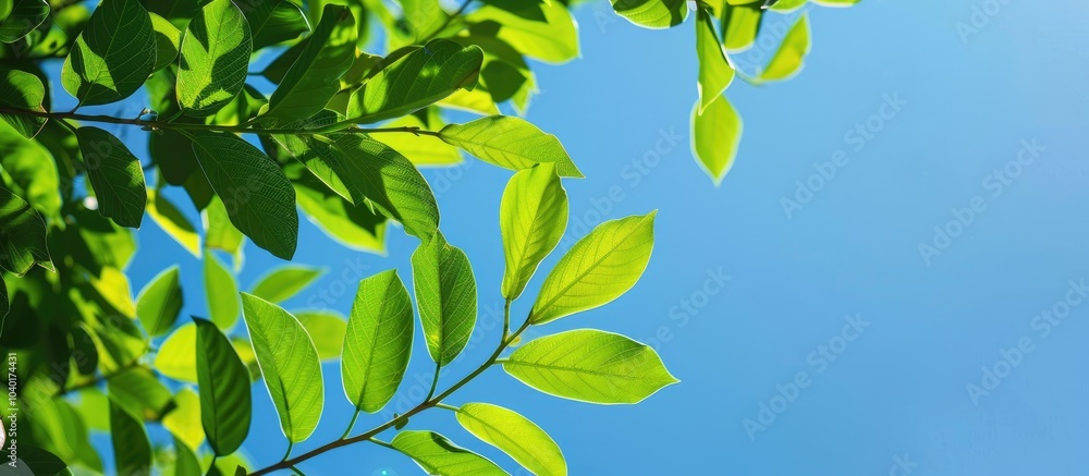 Obraz premium Green leaves against a clear blue sky provide a natural backdrop with ample copy space image