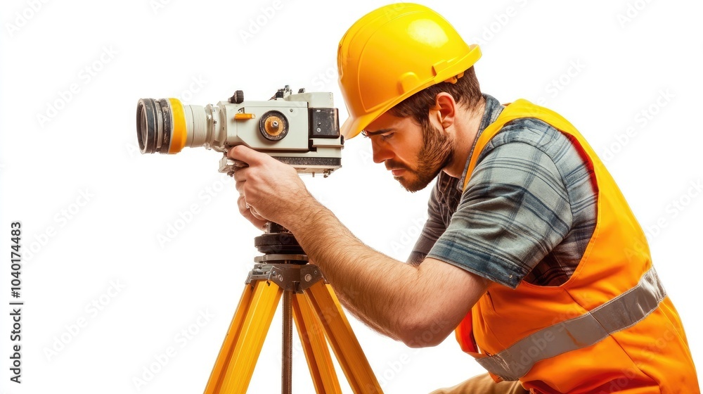 Engineer performing land surveying with a theodolite, securing accuracy for building construction, set against a white background Engineer performing land surveying with a theodolite, securing accuracy for building construction, set against a white background