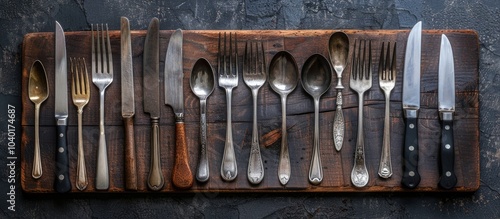 Cutlery arranged neatly on an empty wooden cutting board displayed against a dark textured concrete backdrop ideal for a copy space image