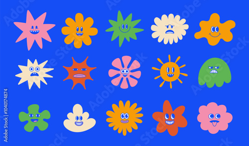 Vector logo design template and graphic elements for advertising, branding, posters and banners, funny cartoon illustrations with smiling character and mascots, abstract stickers and line icons