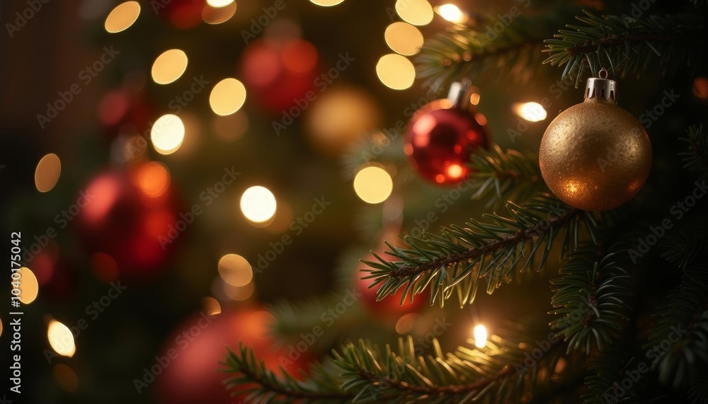 Merry Christmas A festive tree adorned with twinkling lights and shiny ornaments Merry Christmas A festive tree adorned with twinkling lights and shiny ornaments
