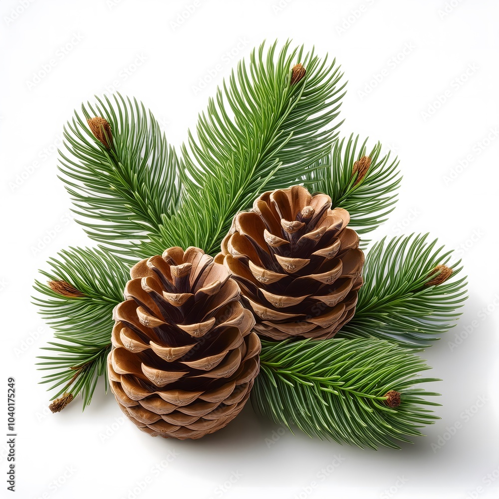 Close-up of pine cones and a pine branch isolated on a white background, evoking a natural and festive atmosphere. Close-up of pine cones and a pine branch isolated on a white background, evoking a natural and festive atmosphere.
