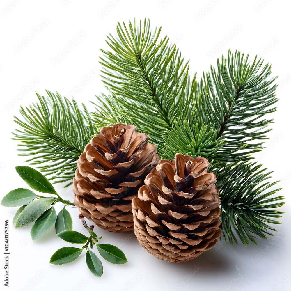 Close-up of pine cones and a pine branch isolated on a white background, evoking a natural and festive atmosphere. Close-up of pine cones and a pine branch isolated on a white background, evoking a natural and festive atmosphere.