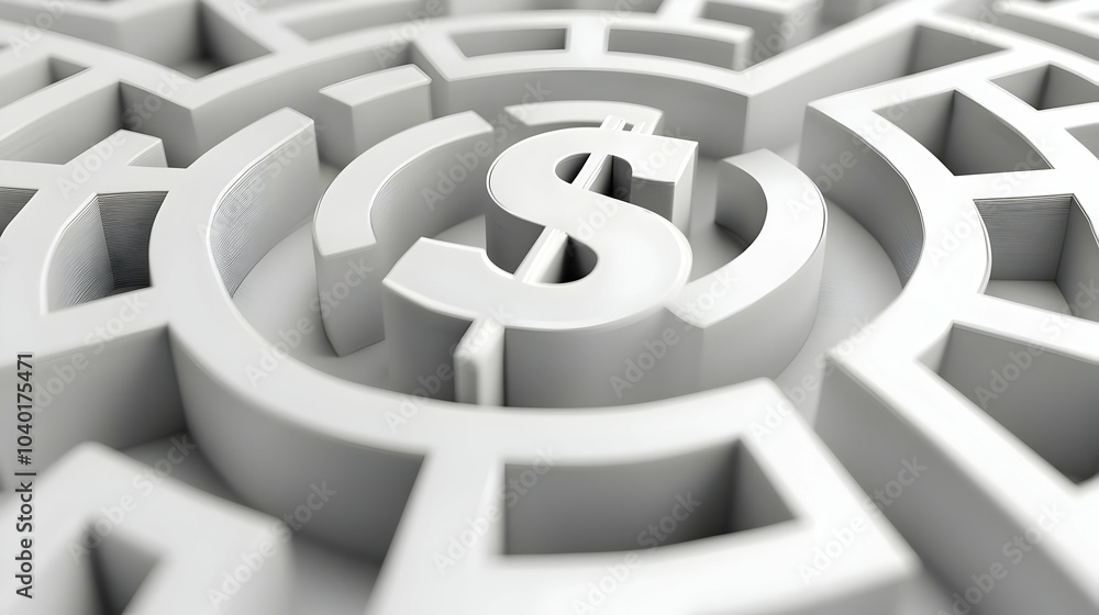 3D Maze Vector with Dollar Sign Center, Circular Maze Design, Multiple Paths with Successful Routes and Dead Ends, Iconic 3D Illustration Isolated on White Background 3D Maze Vector with Dollar Sign Center, Circular Maze Design, Multiple Paths with Successful Routes and Dead Ends, Iconic 3D Illustration Isolated on White Background
