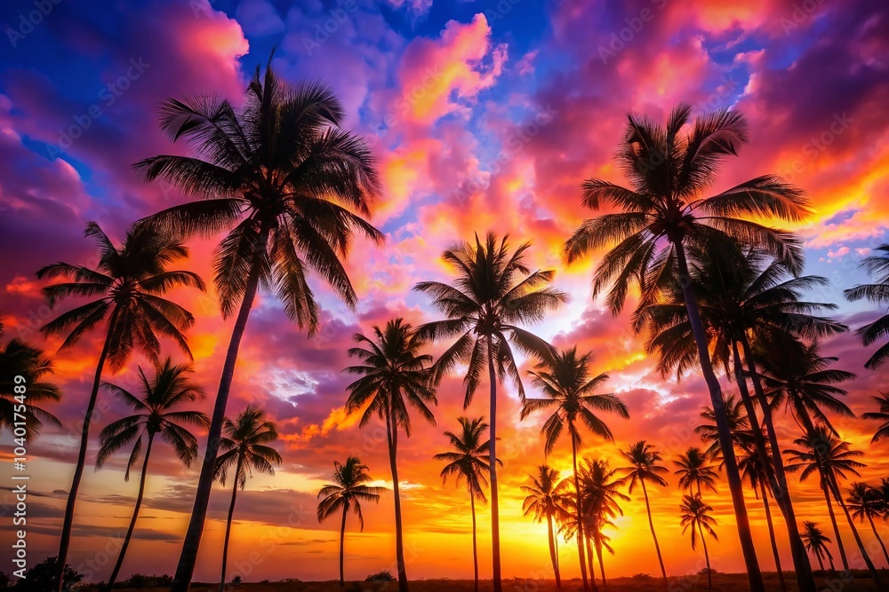 Obraz premium Palms Silhouettes Against a Vibrant Sunset Sky – Tropical Paradise Landscape