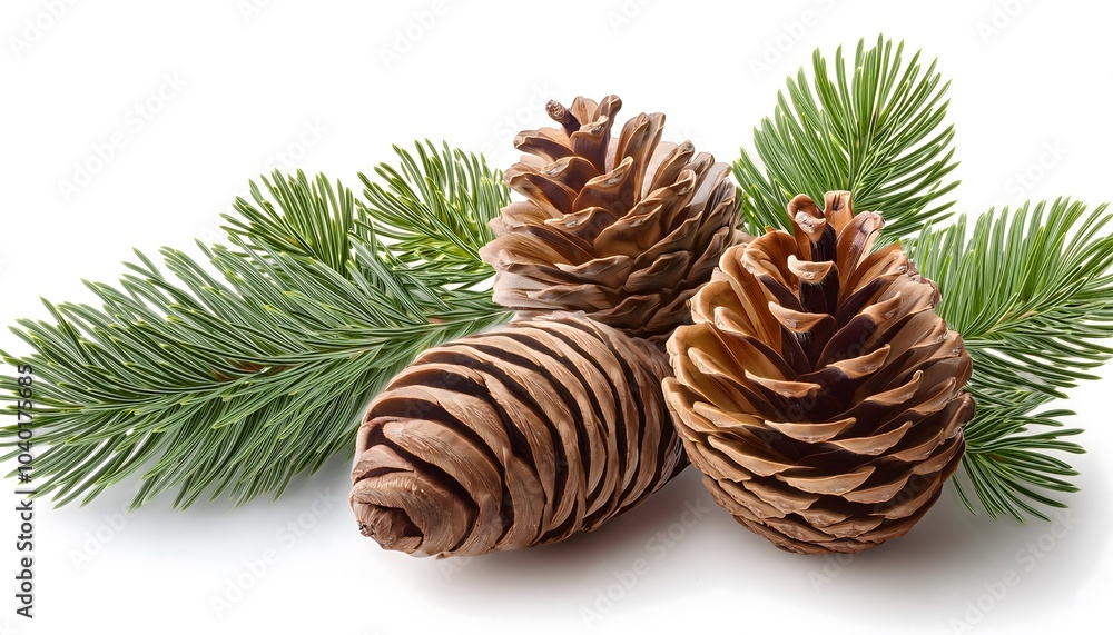 Close-up of pine cones and a pine branch isolated on a white background, evoking a natural and festive atmosphere. Close-up of pine cones and a pine branch isolated on a white background, evoking a natural and festive atmosphere.