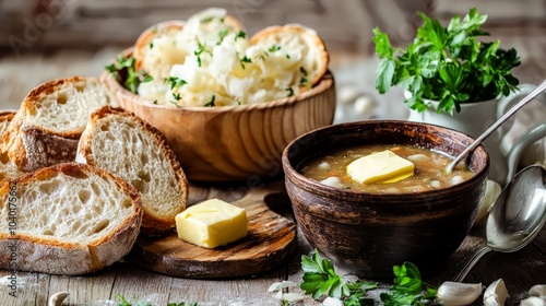 A rustic bowl of hearty soup with a dollop of butter, served with crusty bread and a side of mashed potatoes.
