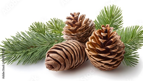 Close-up of pine cones and a pine branch isolated on a white background, evoking a natural and festive atmosphere.