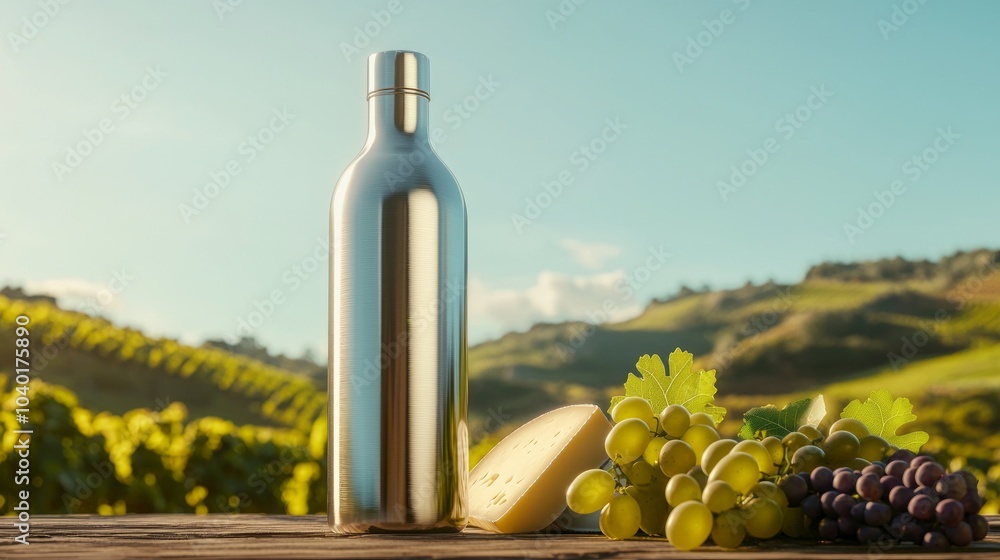 Fototapeta premium Artisanal Gourmet Experience: Stainless Steel Thermo Water Bottle with Cheeses on Rustic Table in Vineyard Setting