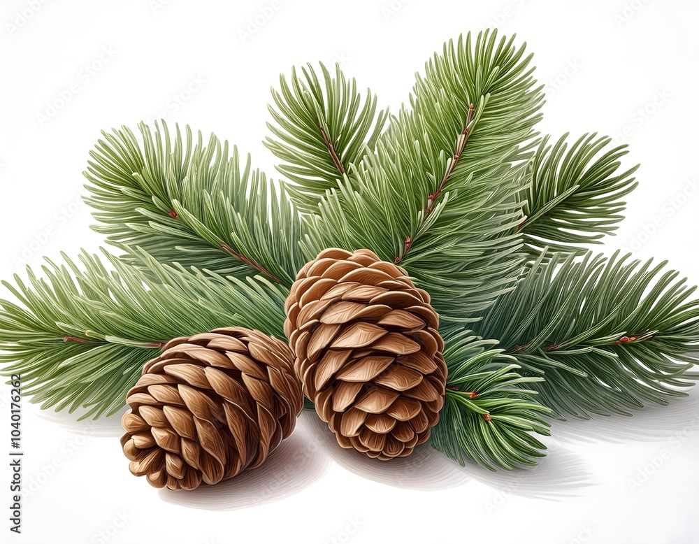 Close-up of pine cones and a pine branch isolated on a white background, evoking a natural and festive atmosphere. Close-up of pine cones and a pine branch isolated on a white background, evoking a natural and festive atmosphere.