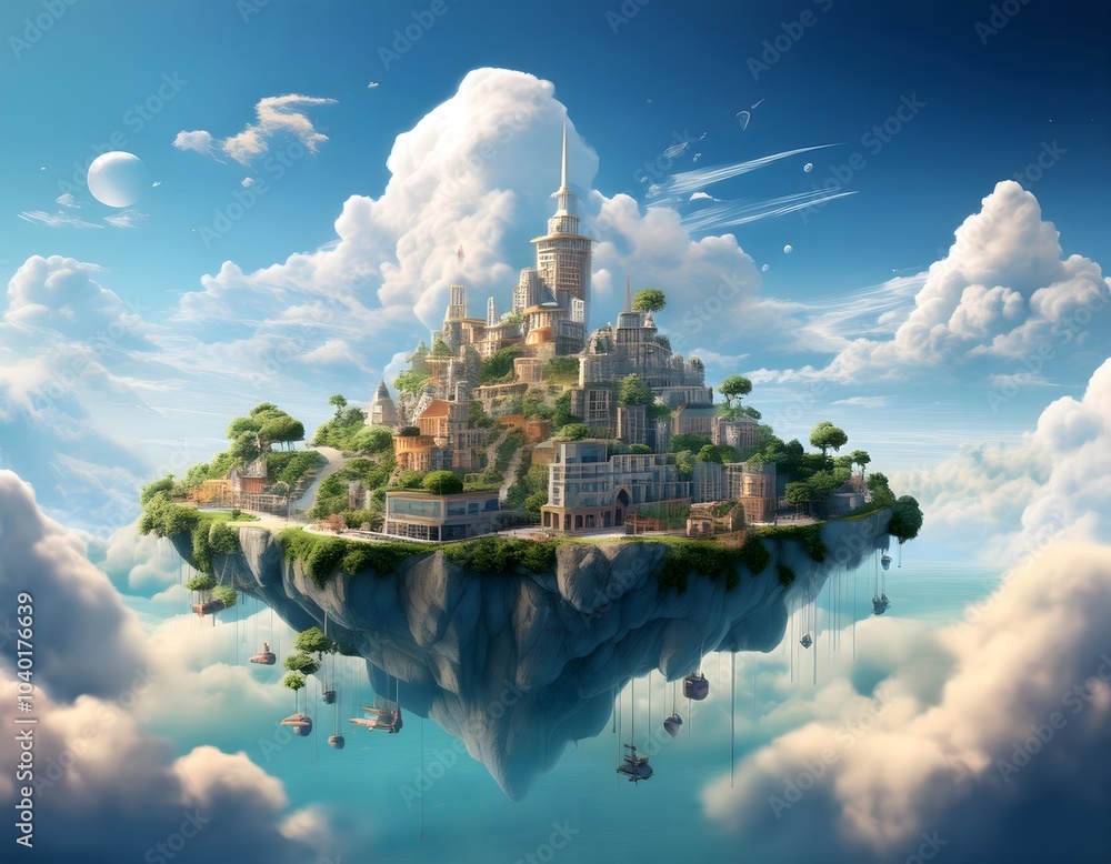 Dreamlike floating island with intricate details and whimsical cityscape amid ethereal clouds under a clear blue sky Dreamlike floating island with intricate details and whimsical cityscape amid ethereal clouds under a clear blue sky