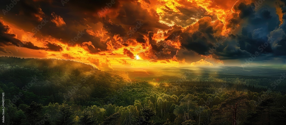 Dramatic clouds enhance the scenic sunrise over the expansive forest with vivid orange and yellow tones against the dark sky providing copy space image Dramatic clouds enhance the scenic sunrise over the expansive forest with vivid orange and yellow tones against the dark sky providing copy space image