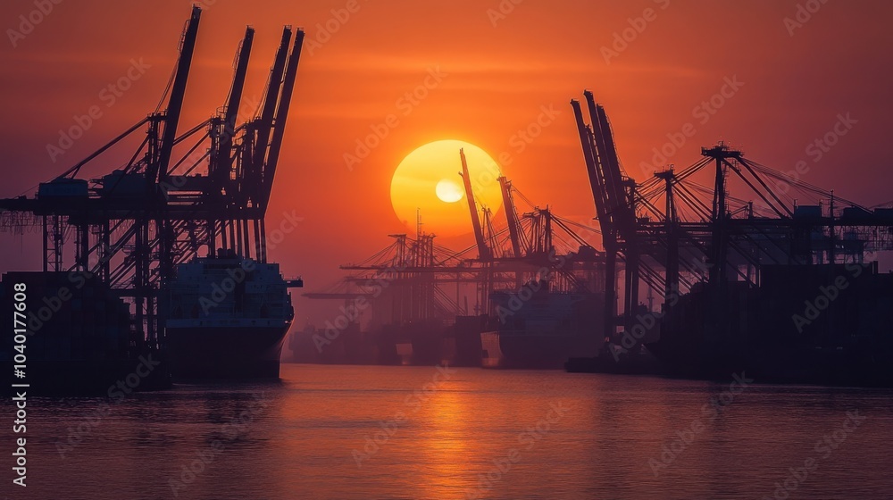 Fototapeta premium A contemporary harbor at the break of dawn, with cranes silhouetted against a fiery sunrise and ships preparing to depart, symbolizing the dynamism of global trade