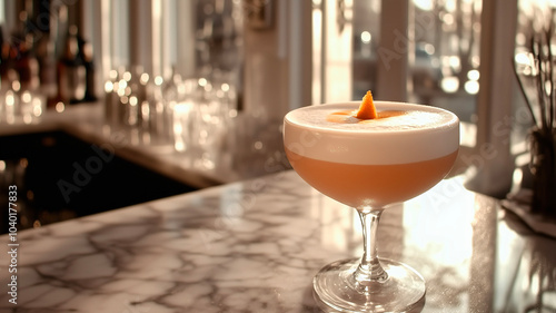A refined Pisco Sour in a delicate coupe glass, filled with a frothy pale yellow liquid, topped with a dash of bitters. The glass sits on a sleek marble bar with soft lighting, highlighting the cockta