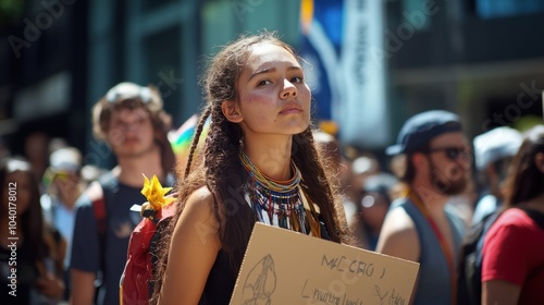 Person, protest and aboriginal with support, march and sign with demands, human rights and freedom. Cardboard, holding paper and indigenous with group in street, Australia and event for justice photo