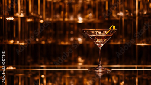 A sleek Vesper Martini in a crystal-clear martini glass, filled with pale golden liquid, garnished with a thin twist of lemon peel. The glass reflects soft, dim bar lighting, set against a luxurious, 