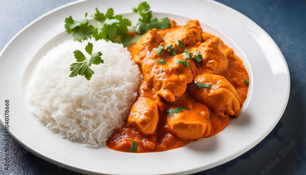 Top view of chicken tikka masala with rice on a white plate Top view of chicken tikka masala with rice on a white plate