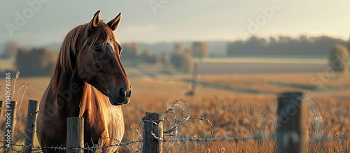 A brown horse stands next to a barbed wire fence in the countryside with a background of a scenic landscape offering a serene image with ample copy space for text or graphics photo