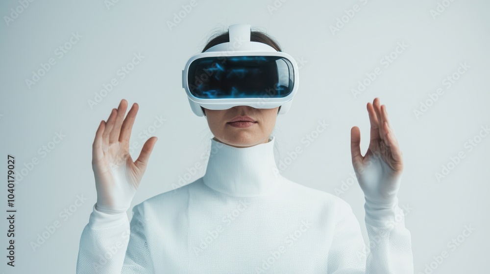 A person wearing a futuristic VR headset with a white outfit, showcasing an immersive virtual reality experience. A person wearing a futuristic VR headset with a white outfit, showcasing an immersive virtual reality experience.
