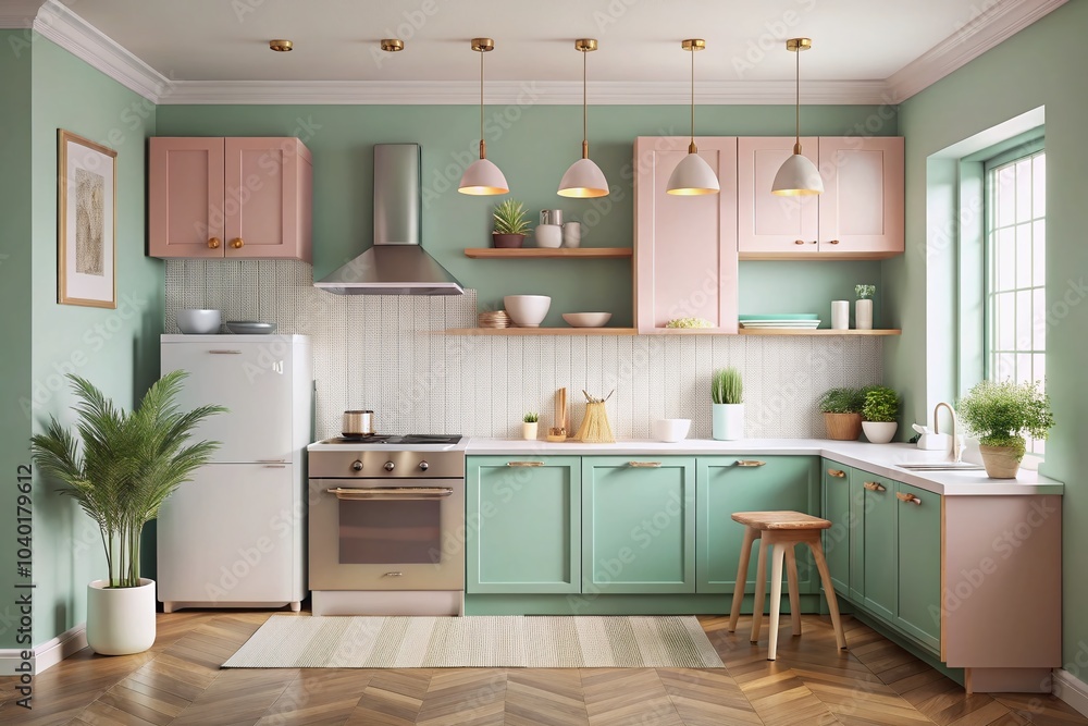 Fototapeta premium Pastel Color Kitchen with Mockup Poster Frame - Stylish Interior Design Inspiration for Home Decor