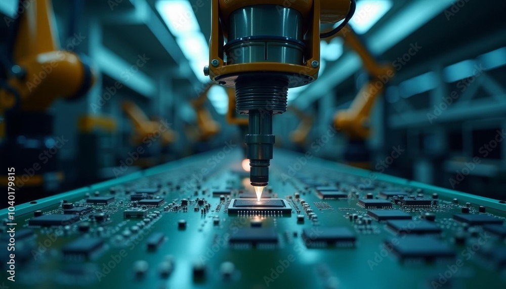 Precision manufacturing in action Robotic arm assembling electronic circuit board Precision manufacturing in action Robotic arm assembling electronic circuit board