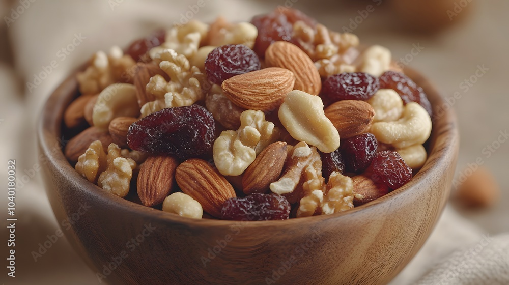 A wooden bowl filled with a nutritious mix of nuts and dried fruits, showcasing almonds, peanuts, and raisins, perfect for snacking. A wooden bowl filled with a nutritious mix of nuts and dried fruits, showcasing almonds, peanuts, and raisins, perfect for snacking.