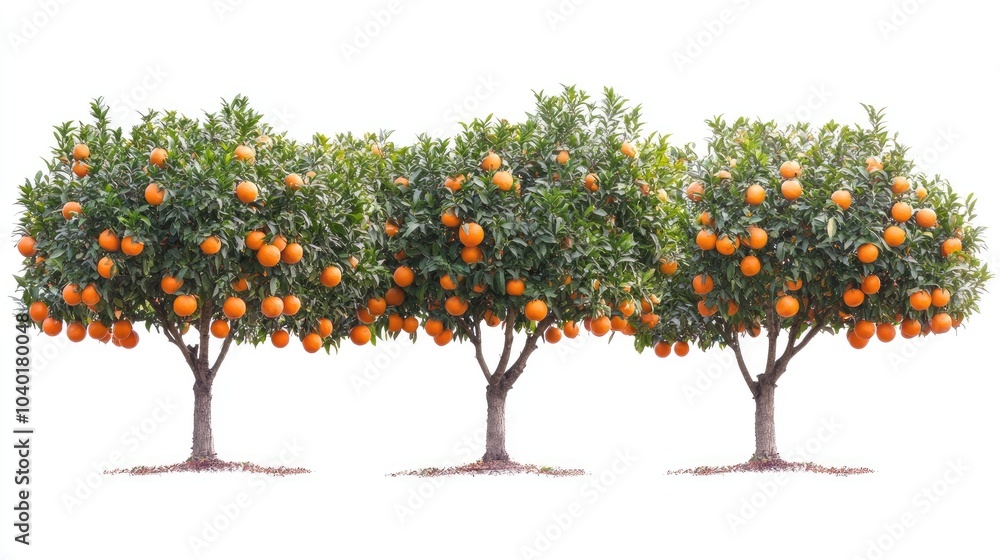 Fototapeta premium Ripe oranges hanging from trees in rows, showing the bountiful harvest in a thriving orange orchard, isolated on white
