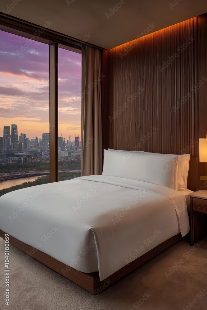 Luxurious Modern Bedroom with Plush Bed Against Wooden Wall Panels, City Skyline View at Dusk - Tranquil Interior Design Concept Luxurious Modern Bedroom with Plush Bed Against Wooden Wall Panels, City Skyline View at Dusk - Tranquil Interior Design Concept