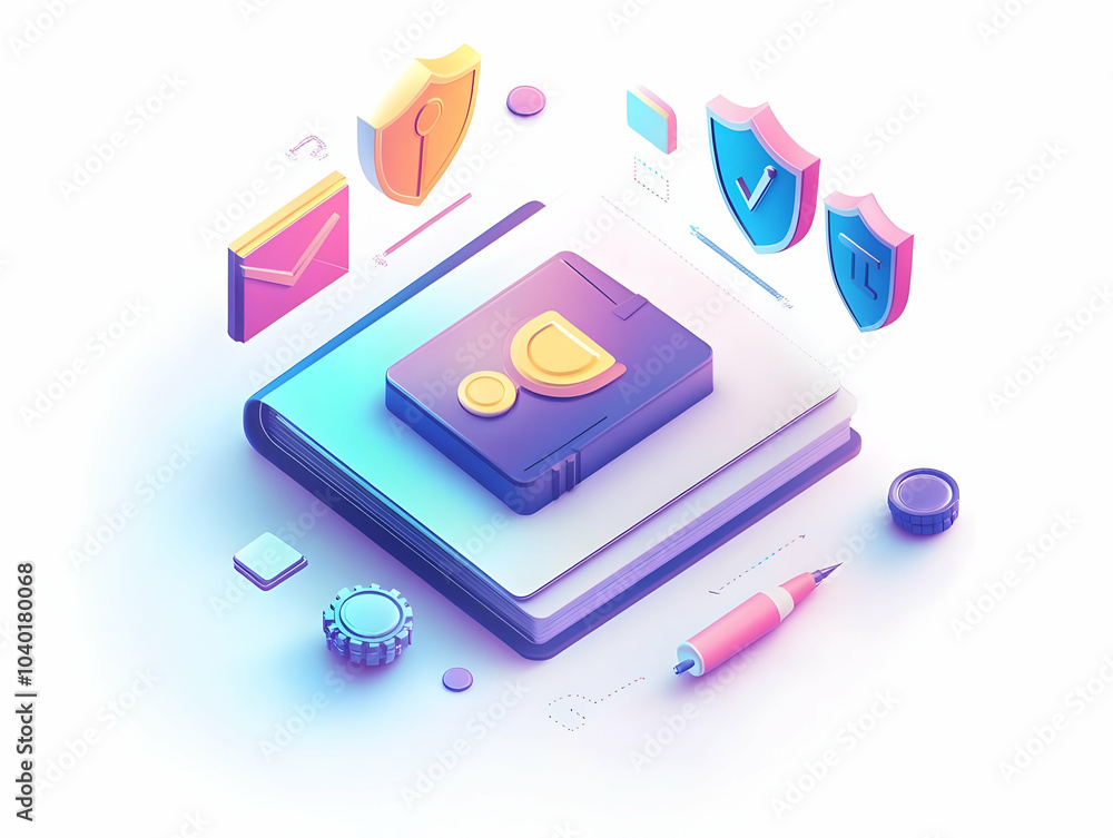 Flat A Notebook with Holographic Growth Charts & Community Symbols on White Surface - Glossy Floating Icons Representing Ideas, Collaboration & Growth in Simple Vector Illustration Flat A Notebook with Holographic Growth Charts & Community Symbols on White Surface - Glossy Floating Icons Representing Ideas, Collaboration & Growth in Simple Vector Illustration