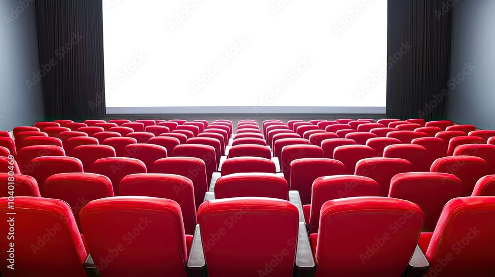 Fototapeta premium Rows of empty red theater seats facing a large blank screen, prepared for the next screening, isolated on white