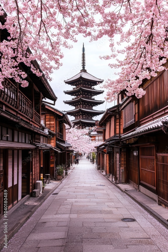 Tranquil Cherry Blossom Archway Five-Tiered Pagoda in Traditional Japanese Street Tranquil Cherry Blossom Archway Five-Tiered Pagoda in Traditional Japanese Street