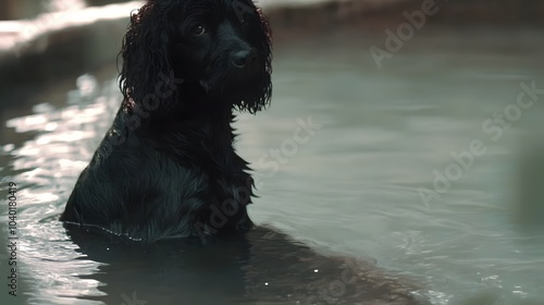 Portuguese Water Dog sitting by the water at a summer beach festival , High-resolution,Ultra-realistic,Crystal-clear photo