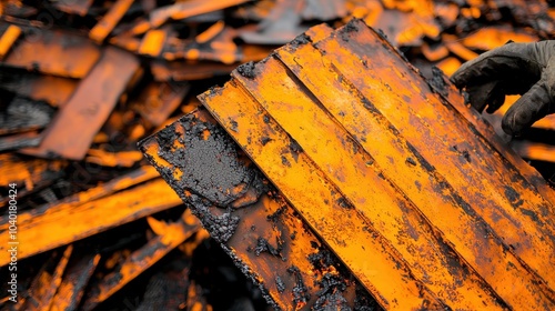 Close-up of rusty orange metal plates, showcasing texture and decay in an industrial environment. photo