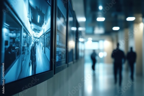 Wallpaper Mural Blurred human figures in a sterile corridor under surveillance. Torontodigital.ca
