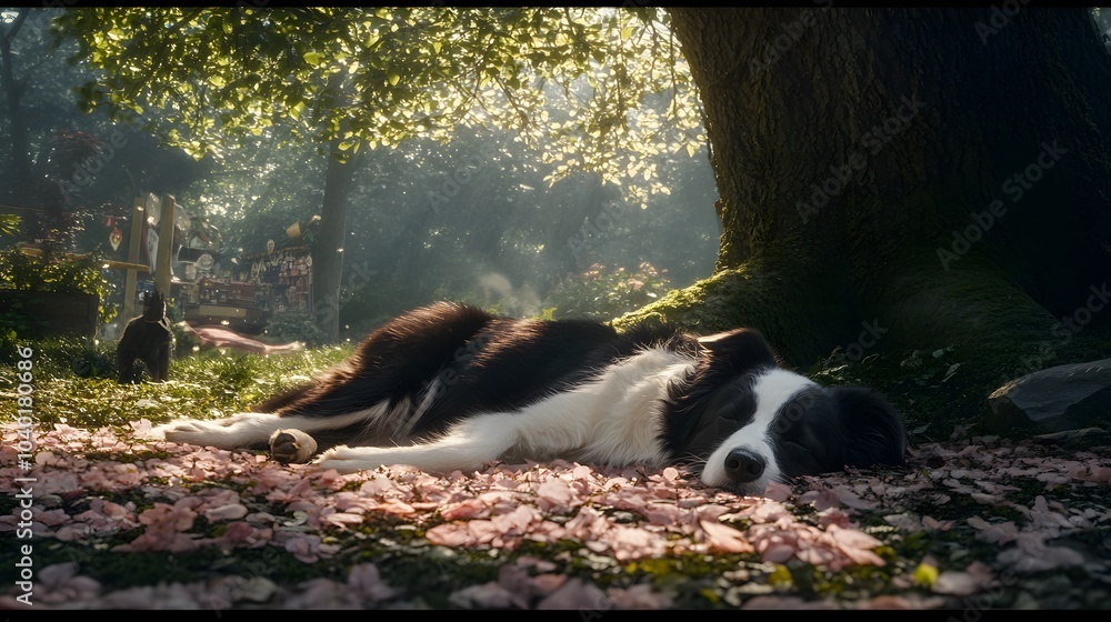 Border Collie resting under a tree at a spring country fair , High-resolution,Ultra-realistic,Crystal-clear Border Collie resting under a tree at a spring country fair , High-resolution,Ultra-realistic,Crystal-clear
