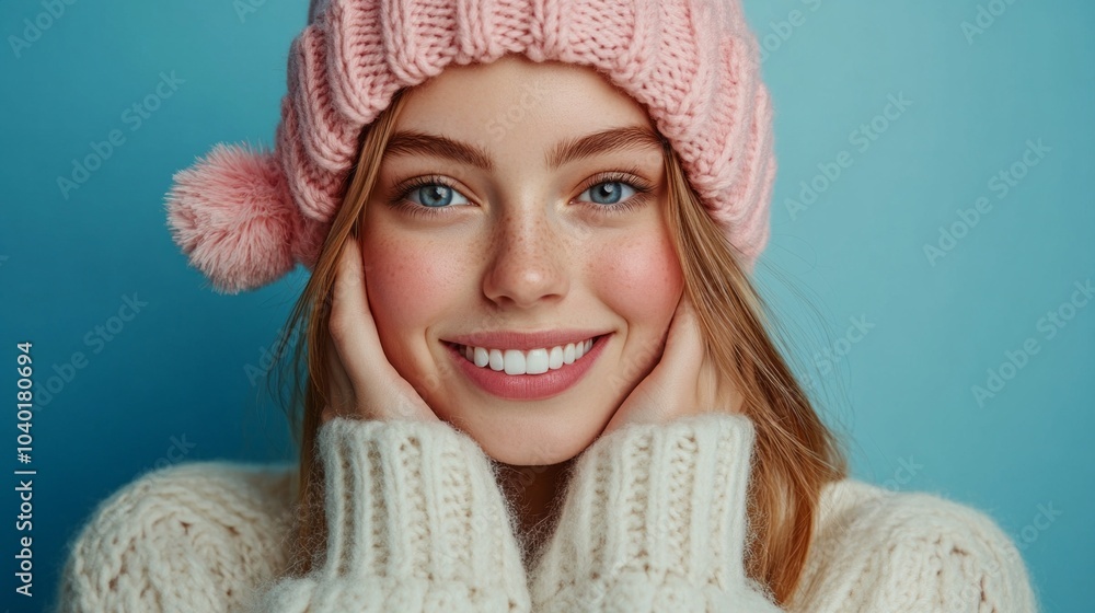 A woman wearing a pink hat and a white sweater is smiling. She has blue eyes and is wearing makeup A woman wearing a pink hat and a white sweater is smiling. She has blue eyes and is wearing makeup