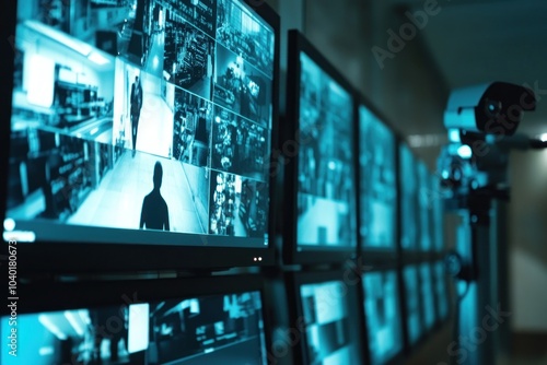 Surveillance feeds displayed on multiple security screens.
